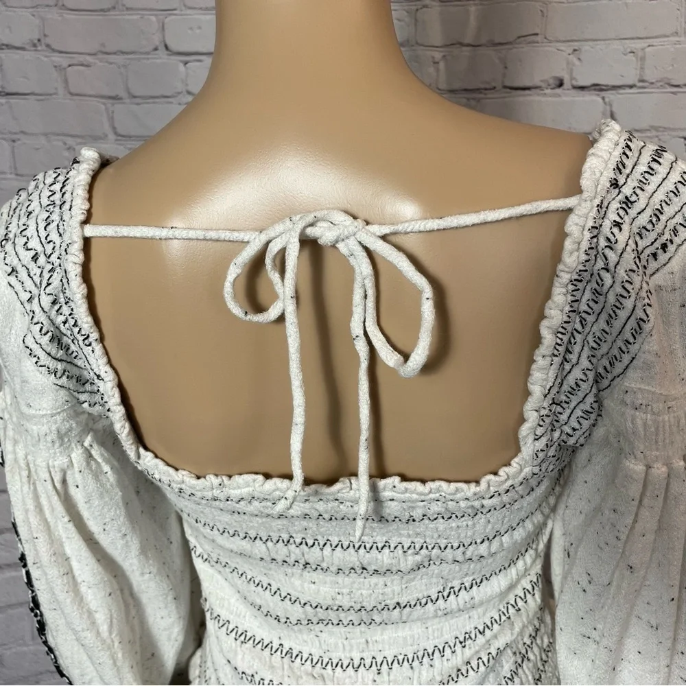 NWT New $148 Free People Maggie Embroidered Shirred Ivory Blouse Top Size L